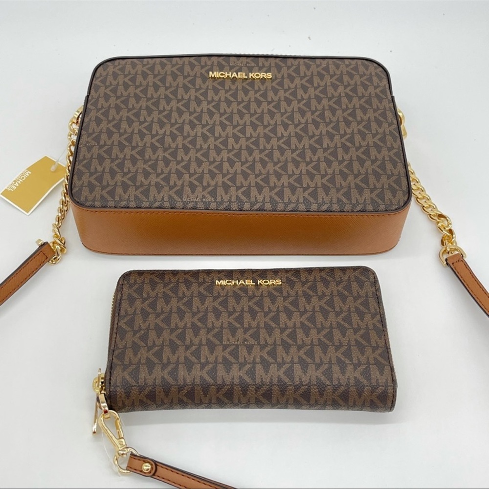 Michael Kors EW Crossbody Bag & Large Flat Mf Phone Case Wallet Leather Brown - Picture 9 of 13